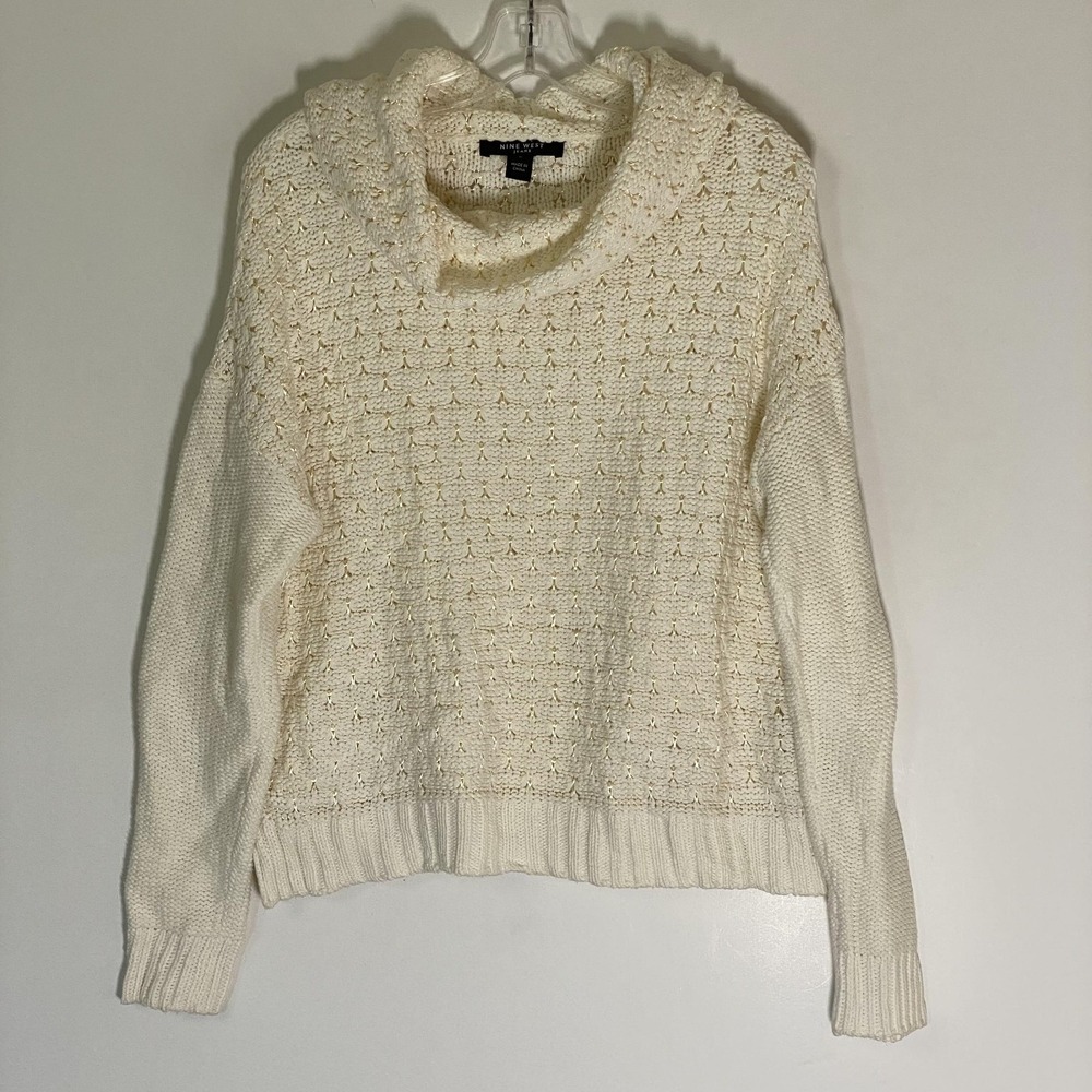 Nine West Jeans Sweater Womens Medium White Cowl Neck Metallic Knit‎ Chunky